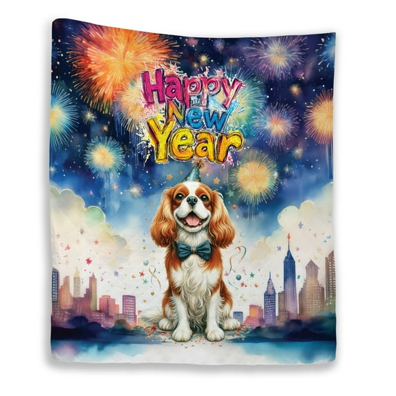 Happy New Year with Cavalier King Charles Spaniel Fireworks Holiday Xmas Winter 2025 Quilt Blanket Dog Lover Gifts Cozy Comforter Throw Blanket - 00025