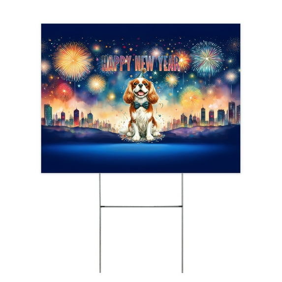 Happy New Year with Cavalier King Charles Spaniel Fireworks Holiday Xmas Winter 2025 Yard Sign Dog Lover Gifts Outdoor Home Lawn Garden Porch Decor - 00025
