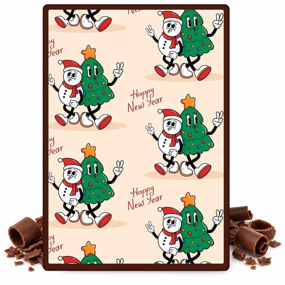 Happy New Year Celebration Snowman Christmas Tree Holiday Pattern Edible Chocolate Transfer Sheet, by TNCT. (1 Count)