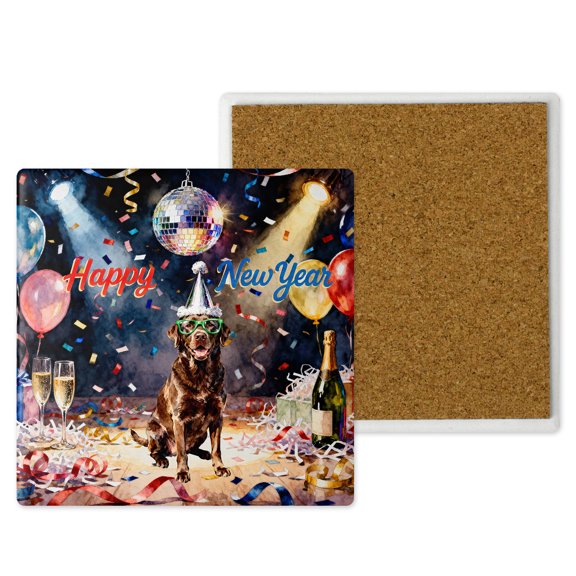 Happy New Year Chesapeake Bay Retriever Chills on Year-End Party Set of 4 Stone Coasters Chessie Dog Lover 4x4in Absorbent Soapstone Coaster - 12023