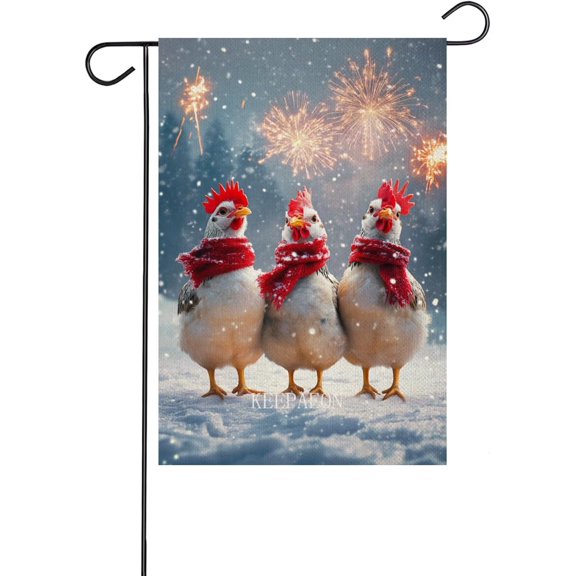 Happy New Year Chicken Garden Flag Vertical Double Sided Firework Design Burlap House Flag 12x18 Inch