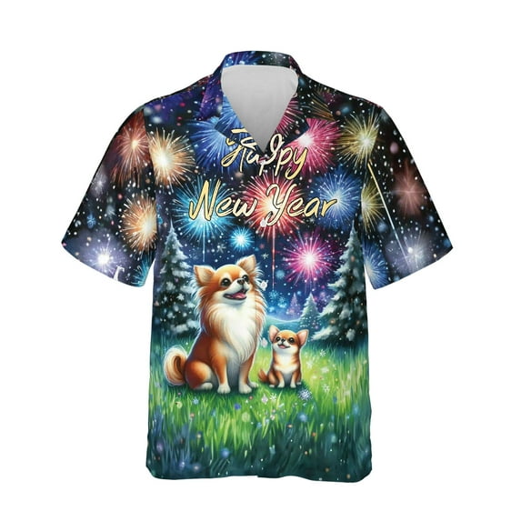 Happy New Year Chihuahua Family Cheer Winter Midnight Firework Hawaiian Shirt Breathable Summer Unisex Merch Dog Lover Gifts Idea - 02025