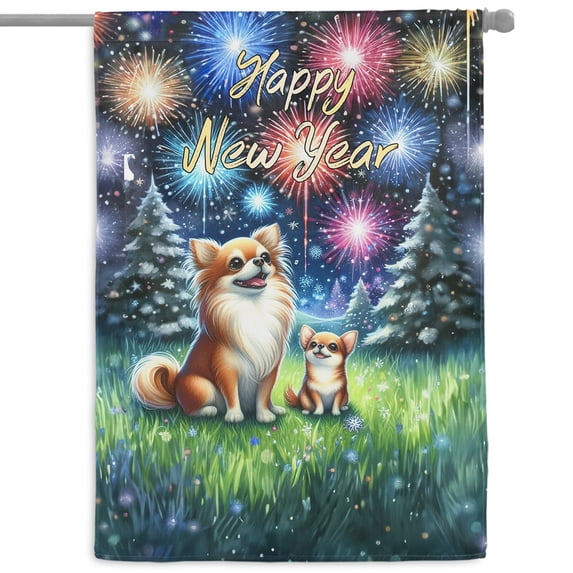 Happy New Year Chihuahua Family Cheer Winter Midnight Firework House Flag 28x40in Double Sided Dog Lover Gifts Idea Outdoor Decor - 02025