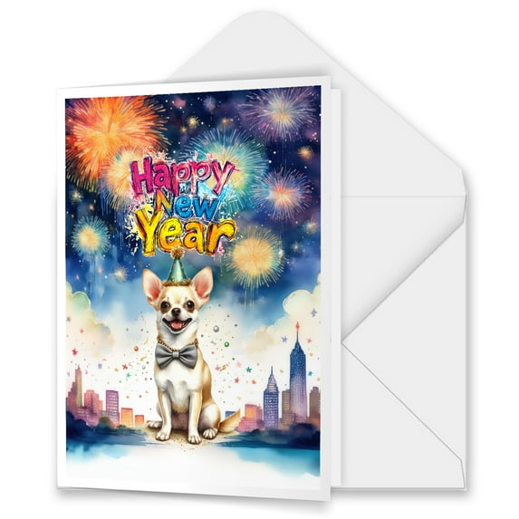 Happy New Year with Chihuahua Fireworks Holiday Xmas Winter 2025 5x7in Folded Greeting Card Dog Lover Gifts Idea Single Note Card with Envelope - 00025