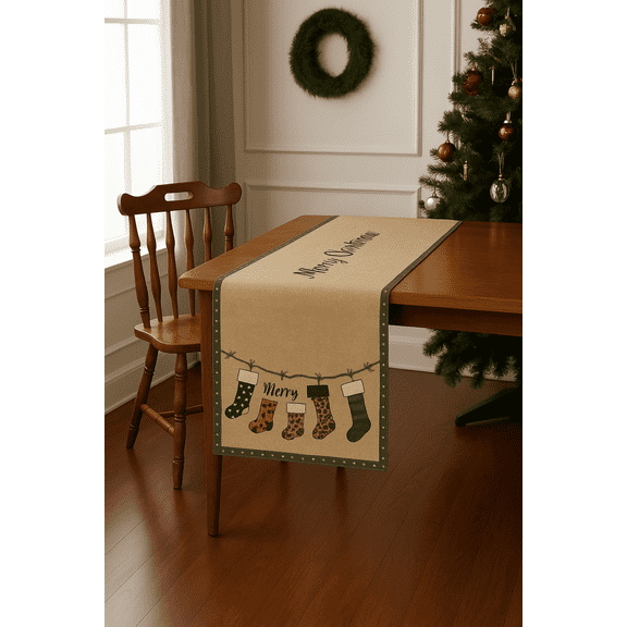 Wear Sierra Christmas Table Runner, Holiday Stocking Pattern, Polyester Linen Look, 16x64 Inch, New Year Table Decor