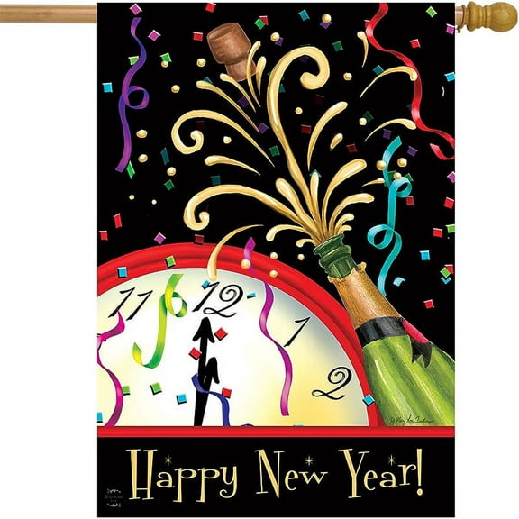 Happy New Year Clock Winter New Year’s House Flag 40" x 28"