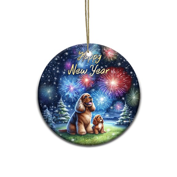 Happy New Year Cocker Spaniel Family Cheer Winter Midnight Firework Ceramic Round Ornament Cockers Dog Lover Gifts Home Tree Decor - 02025