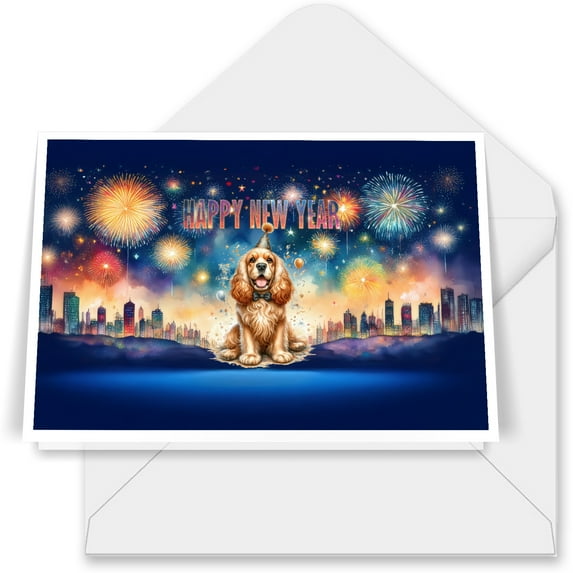 Happy New Year with Cocker Spaniel Fireworks Holiday Xmas Winter 2025 7x5in Folded Greeting Card Cockers Dog Lover Gifts Single Note Card with Envelope - 00025