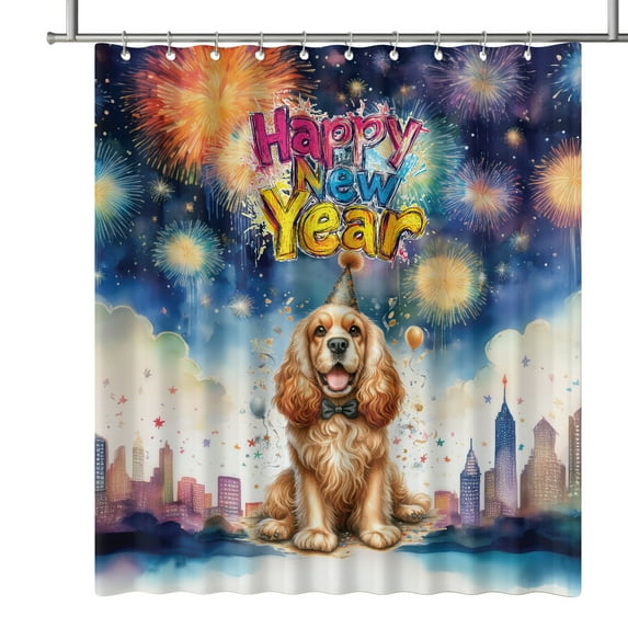 Happy New Year with Cocker Spaniel Fireworks Holiday Xmas Winter 2025 Shower Curtain Cockers Dog Lover Gifts Waterproof Bathroom Bathtub Curtain - 00025