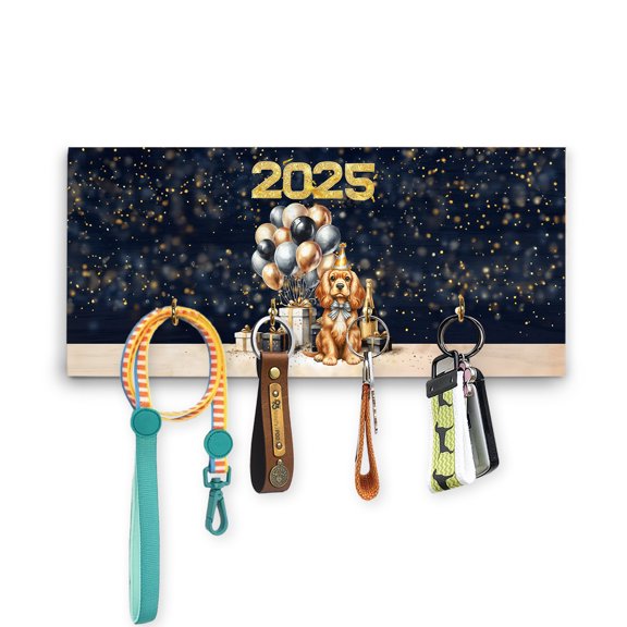 Happy New Year Cocker Spaniel Welcome 2025 Balloon Firework Party Wood Key Holder Cockers Dog Lover Gifts Wall-mounted Key Rack Home Decor - 01014