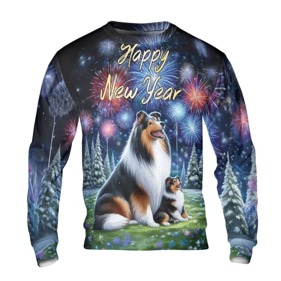Happy New Year Collie Family Cheer Winter Midnight Firework All Over Print 3D Sweatshirt Unisex Merch Collie Dog Lover Gifts Idea - 02025