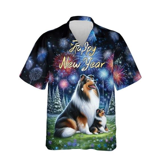 Happy New Year Collie Family Cheer Winter Midnight Firework Hawaiian Shirt Breathable Summer Unisex Merch Collie Dog Lover Gifts Idea - 02025