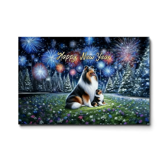 Happy New Year Collie Family Cheer Winter Midnight Firework Horizontal Matte Canvas Poster Collie Dog Lover Gifts Idea Wall Art Home Decor - 02025