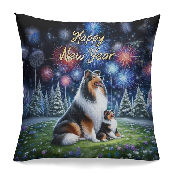 Happy New Year Collie Family Cheer Winter Midnight Firework Pillowcase Double Sided Collie Dog Lover Gifts Idea Pillow Case Covers - 02025