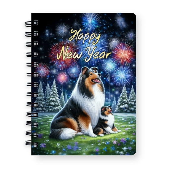 Happy New Year Collie Family Cheer Winter Midnight Firework Spiral Bound Journal Collie Dog Lover Gifts Idea 5x7in Spiral Notebook - 02025
