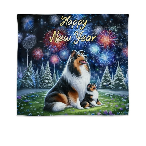 Happy New Year Collie Family Cheer Winter Midnight Firework Tapestry Collie Dog Lover Gifts Idea Wall Hanging Backdrop Home Decor - 02025