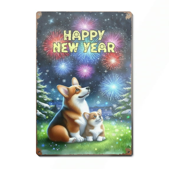 Happy New Year Corgi Family Cheer Winter Midnight Firework Vertical Metal Aluminum Sign Welsh Corgi Dog Lover Gifts Idea Wall Art Home Decor - 02025
