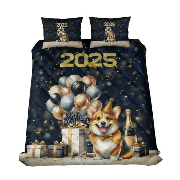 Happy New Year Corgi Welcome 2025 Balloon Firework Party Quilt Bedding Set Welsh Corgi Dog Lover Gifts Idea 1 Blanket Bed Cover 2 Pillowcases - 01014