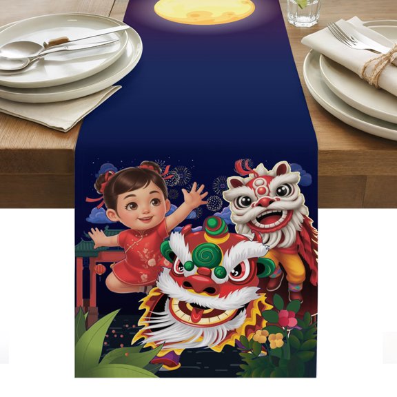 Happy New Year Cotton Linen Table Runner Cartoon Girl Dance Lions Fireworks Dining Table Runners for Home Decor Party Dining Room Restaurant Kitchen Party 13" x 72"