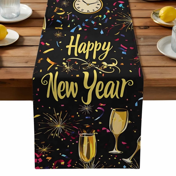 Happy New Year Cotton Linen Table Runner for Dining Kitchen, Colorful Modern Abstract Art Wedding Outdoor Party Tablerunners Decoration, Dresser Scarf Coffee Tablecloth Runners 13x70 Inches