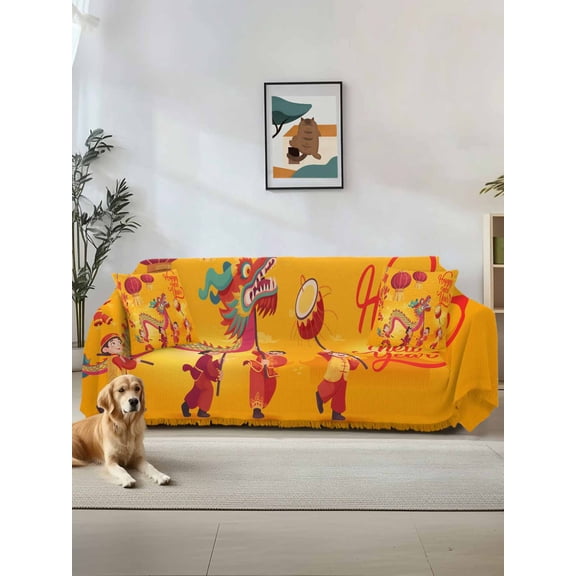 Happy New Year Couch Cover, Red Yellow Dragon Dance Sofa Cover Blanket for 1 Seat Cushion, Sectional Sofa Slipcover Furniture Protector for Living Room Bedroom 71''x91''