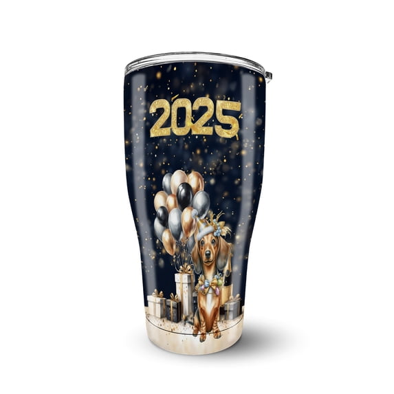 Happy New Year Dachshund Welcome 2025 Balloon Firework Party 30oz Stainless Steel Tumbler Insulated Cup with Lid Wiener Dog Lover Gifts Idea - 01014