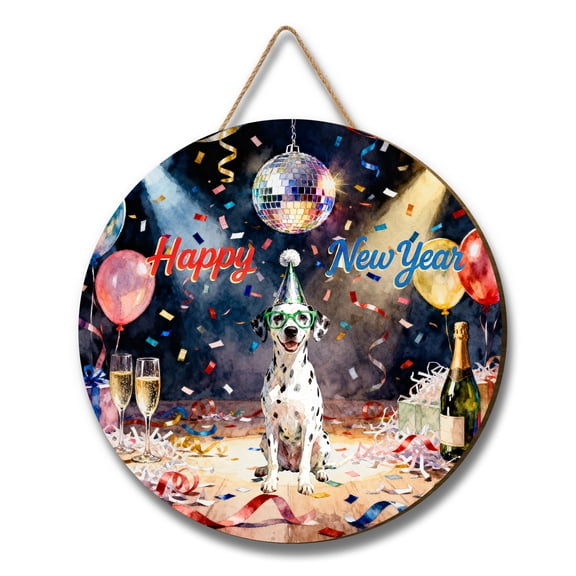 Happy New Year Dalmatian Chills on Year-End Party Round Wood Sign Dog Lover Hanging Wall Home Decor - 12023