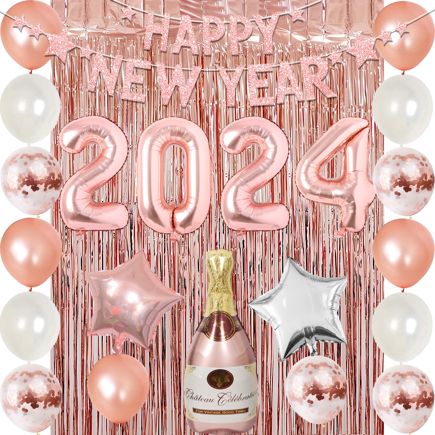 Happy New Year Decorations 2024 Kit Rose Gold New Year Party Supplies