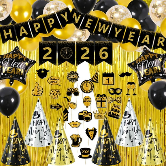 Happy New Year Decorations Kit New Years Eve Party Supplies 2026 Foil Balloons,Banner,Balloons, Gold Fringe Curtains,Foil Star Balloons,New Year Paper Hats,New Years Props for NYE Party