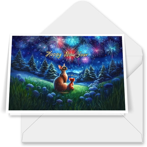 Happy New Year Devon Rex Family Cheer Winter Midnight Firework 7x5in Folded Greeting Card Cat Lover Kitten Owner Gifts Single Note Card with Envelope - 02025