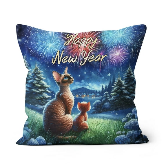 Happy New Year Devon Rex Family Cheer Winter Midnight Firework Pillow Cushion Double Sided Cat Lover Kitten Owner Gifts Throw Pillow - 02025