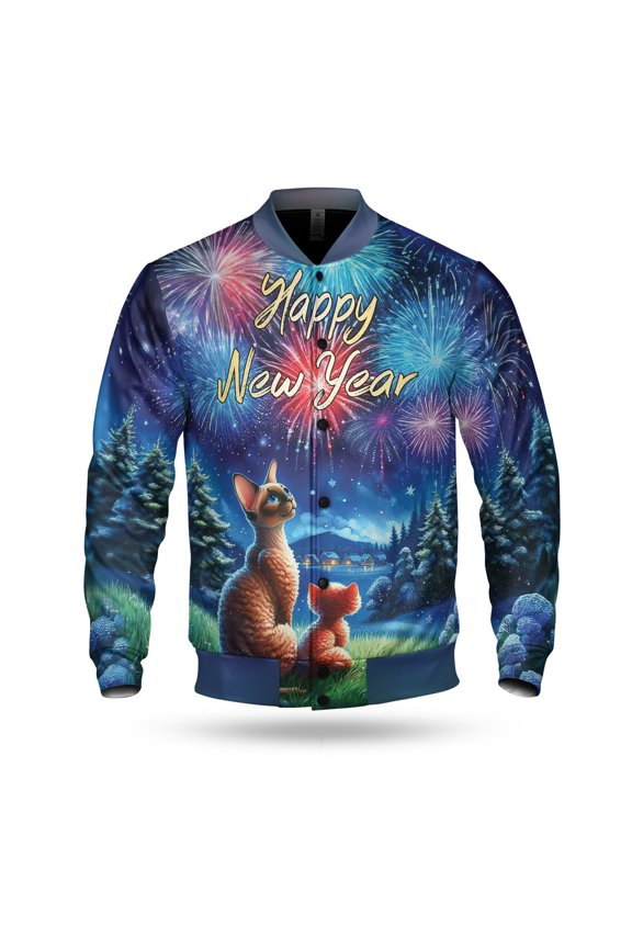 Happy New Year Devon Rex Family Cheer Winter Midnight Firework All Over Print 3D Baseball Jacket Cat Lover Kitten Owner Gifts Bomber Jacket Softball - 02025