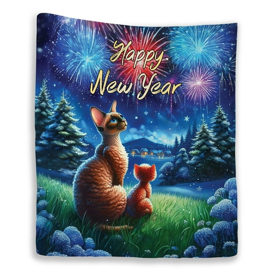 Happy New Year Devon Rex Family Cheer Winter Midnight Firework Quilt Blanket Cat Lover Kitten Owner Gifts Cozy Comforter Throw Blanket - 02025