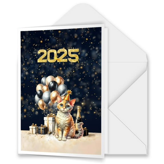Happy New Year Devon Rex Welcome 2025 Balloon Firework Party 5x7in Folded Greeting Card Cat Lover Kitten Owner Gifts Single Note Card with Envelope - 01014