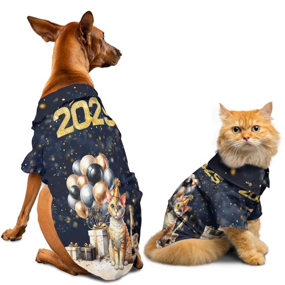 Happy New Year Devon Rex Welcome 2025 Balloon Firework Party Hawaiian Summer Shirt for Small Medium Large Dog Cat Cat Lover Kitten Owner Gifts - 01014