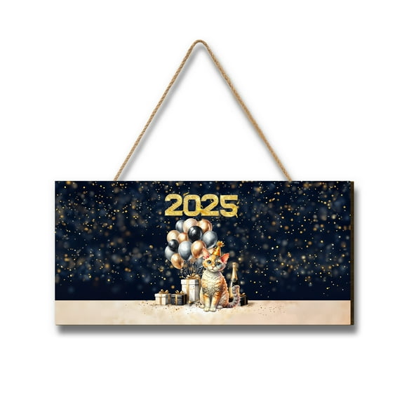 Happy New Year Devon Rex Welcome 2025 Balloon Firework Party Landscape Wood Sign Cat Lover Kitten Owner Gifts Hanging Wall Home Decor - 01014
