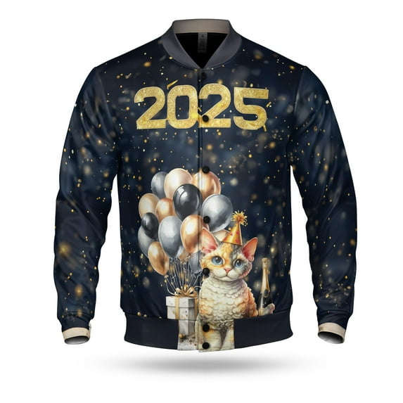 Happy New Year Devon Rex Welcome 2025 Balloon Firework Party All Over Print 3D Baseball Jacket Cat Lover Kitten Owner Gifts Bomber Jacket Softball - 01014