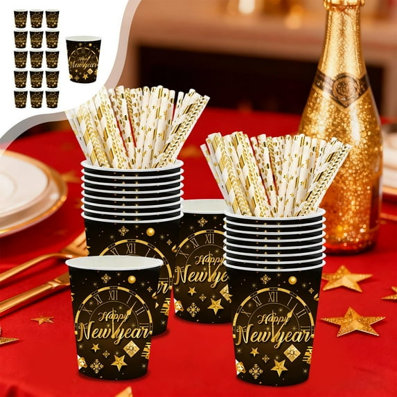 Happy New Year Disposable Dinnerware Set Party Supplies, Paper Black Gold Plates and Napkins for New Year Party Decoration