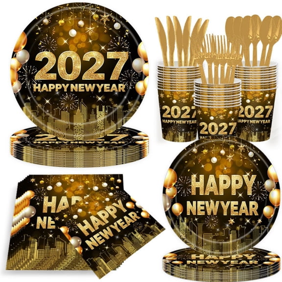 Happy New Year Disposable Party Supplies Serves 20, New Years Eve Tableware Kit for 2027 New Year Party Decorations.