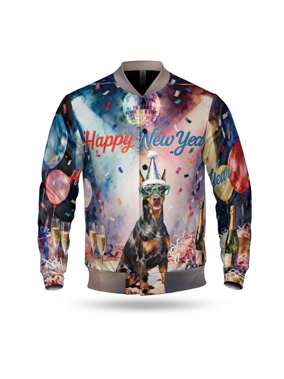 Happy New Year Doberman Pinscher Chills on Year-End Party All Over Print 3D Baseball Jacket Doberman Dog Lover Gifts Bomber Jacket Softball - 12023