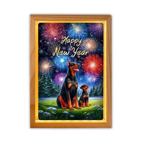 Happy New Year Doberman Pinscher Family Cheer Winter Midnight Firework Acrylic Plaque with Wood Photo Frame Box Doberman Dog Lover Gifts Light Box - 02025