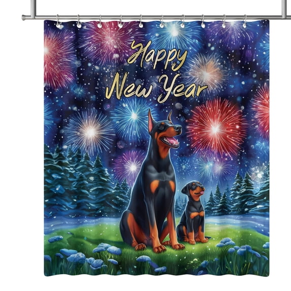 Happy New Year Doberman Pinscher Family Cheer Winter Midnight Firework Shower Curtain Doberman Dog Lover Gifts Waterproof Bathroom Bathtub Curtain - 02025