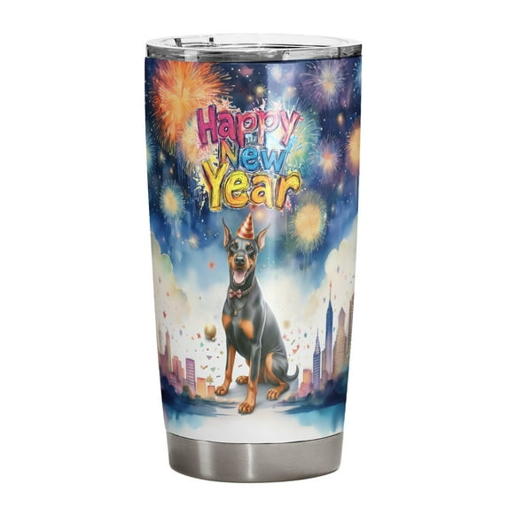 Happy New Year with Doberman Pinscher Fireworks Holiday Xmas Winter 2025 20oz Stainless Steel Tumbler Insulated Cup with Lid Doberman Dog Lover Gifts - 00025