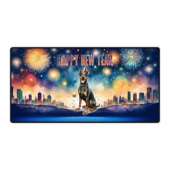 Happy New Year with Doberman Pinscher Fireworks Holiday Xmas Winter 2025 Desk Mat Full Keyboard Mouse Pad Doberman Dog Lover Gifts Large Mousepad - 00025