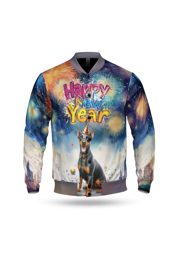 Happy New Year with Doberman Pinscher Fireworks Holiday Xmas Winter 2025 All Over Print 3D Baseball Jacket Doberman Dog Lover Gifts Bomber Jacket Softball - 00025