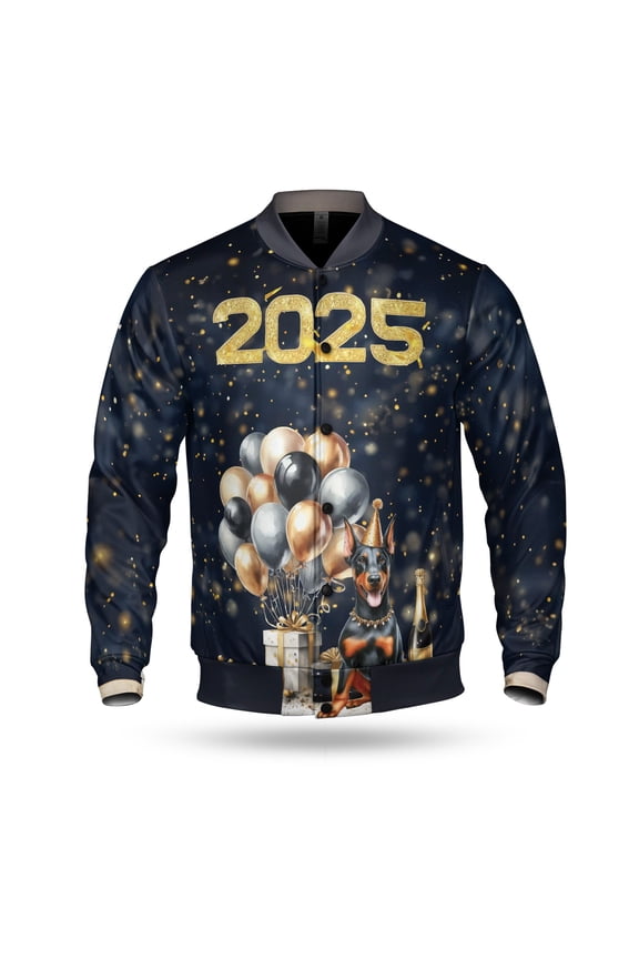 Happy New Year Doberman Pinscher Welcome 2025 Balloon Firework Party All Over Print 3D Baseball Jacket Doberman Dog Lover Gifts Bomber Jacket Softball - 01014