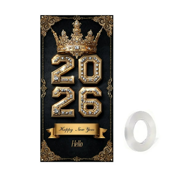 Happy New Year Door Cover Black and Gold Banner for Party Decorations Crown Balloon Backdrop Sign for Photo Booth Prop Wall Decor (A)