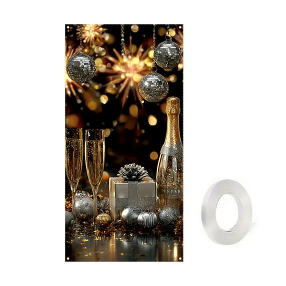 Happy New Year Door Cover Black and Gold Banner for Party Decorations Crown Balloon Backdrop Sign for Photo Booth Prop Wall Decor (C)
