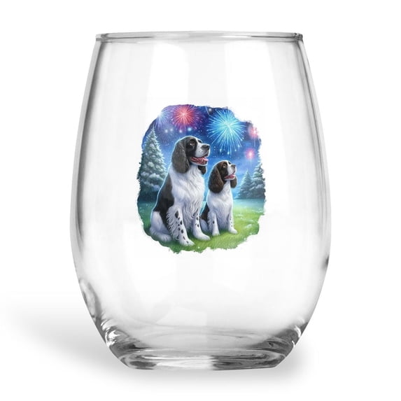 Happy New Year English Springer Spaniel Family Cheer Winter Midnight Firework 15oz Stemless Wine Glass Mug Springers Dog Lover Gifts Wine Glasses Cup - 02025