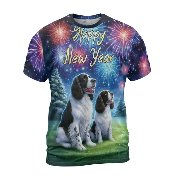 Happy New Year English Springer Spaniel Family Cheer Winter Midnight Firework All Over Print 3D Shirt Unisex Merch Springers Dog Lover Gifts - 02025